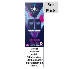 blu Liquid Pods Blueberry Sour Razz. Blau-lila gemusterte Packung mit weißer blu pod Aufschrift und 5er Pack Bottom.