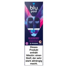 blu Liquid Pods Blueberry Sour Razz. Blau-lila gemusterte Packung mit weißer blu pod Aufschrift und blauen Liquid Pods.
