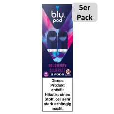 blu Liquid Pods Blueberry Sour Razz. Blau-lila gemusterte Packung mit weißer blu pod Aufschrift und 5er Pack Bottom.