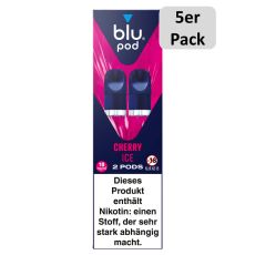blu Liquid Pods Cherry Ice. Blau-Rosa gemusterte Packung mit weißer blu pod Aufschrift und 5er Pack Bottom.