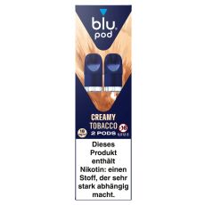 blu Liquid Pods Creamy Tobacco. Blau-braun gemusterte Packung mit weißer blu pod Aufschrift und blauen Liquid Pods