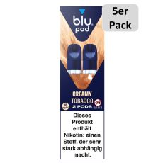 blu Liquid Pods Creamy Tobacco. Blau-braun gemusterte Packung mit weißer blu pod Aufschrift und 5er Pack Bottom.