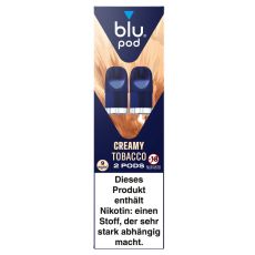 blu Liquid Pods Creamy Tobacco. Blau-braun gemusterte Packung mit weißer blu pod Aufschrift und blauen Liquid Pods