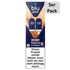 blu Liquid Pods Creamy Tobacco. Blau-braun gemusterte Packung mit weißer blu pod Aufschrift und 5er Pack Bottom.