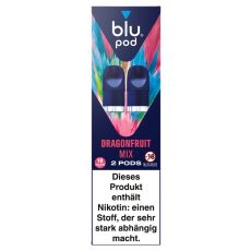 blu Liquid Pods Dragonfruit Mix. Blau-bunt gemusterte Packung mit weißer blu pod Aufschrift und blauen Liquid Pods