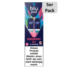 blu Liquid Pods Dragonfruit Mix. Blau-bunt gemusterte Packung mit weißer blu pod Aufschrift und 5er Pack Bottom.