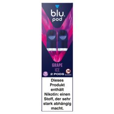 blu Liquid Pods Grape Ice. Blau-pink-lila gemusterte Packung mit weißer blu pod Aufschrift und blauen Liquid Pods