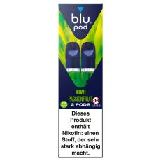 blu Liquid Pods Kiwi Passionfruit. Blau-grüne gemusterte Packung mit weißer blu pod Aufschrift und blauen Liquid Pods
