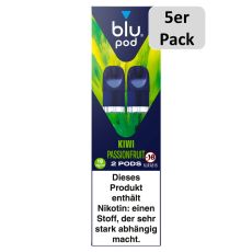 blu Liquid Pods Kiwi Passionfruit. Blau-grüne gemusterte Packung mit weißer blu pod Aufschrift und 5er Pack Bottom.