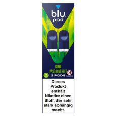 blu Liquid Pods Kiwi Passionfruit. Blau-grüne gemusterte Packung mit weißer blu pod Aufschrift und blauen Liquid Pods