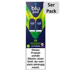 blu Liquid Pods Kiwi Passionfruit. Blau-grüne gemusterte Packung mit weißer blu pod Aufschrift und 5er Pack Bottom.