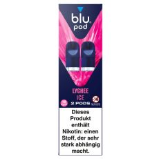 blu Liquid Pods Lychee Ice. Blau-pink gemusterte Packung mit weißer blu pod Aufschrift und blauen Liquid Pods