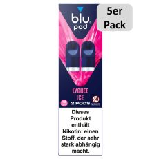 blu Liquid Pods Lychee Ice. Blau-pink gemusterte Packung mit weißer blu pod Aufschrift und 5er Pack Bottom.