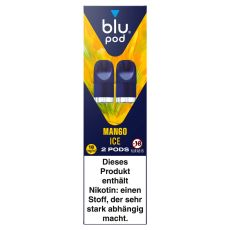 blu Liquid Pods Mango Ice. Blau-gelb gemusterte Packung mit weißer blu pod Aufschrift und blauen Liquid Pods