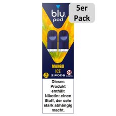 blu Liquid Pods Mango Ice. Blau-gelb gemusterte Packung mit weißer blu pod Aufschrift und 5er Pack Bottom.