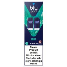 blu Liquid Pods Mint. Blau-grüne gemusterte Packung mit weißer blu pod Aufschrift und blauen Liquid Pods