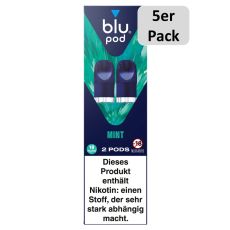 blu Liquid Pods Mint. Blau-grüne gemusterte Packung mit weißer blu pod Aufschrift und 5er Pack Bottom.