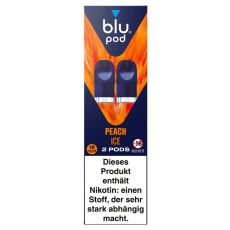 blu Liquid Pods Peach Ice. Blau-orange gemusterte Packung mit weißer blu pod Aufschrift und blauen Liquid Pods.
