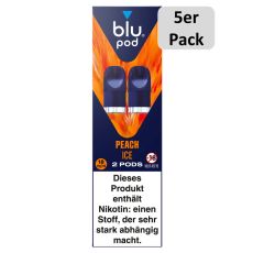blu Liquid Pods Peach Ice. Blau-orange gemusterte Packung mit weißer blu pod Aufschrift und 5er Pack Bottom.