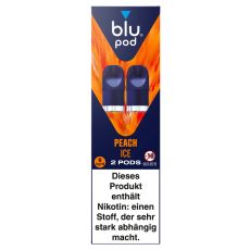 blu Liquid Pods Peach Ice. Blau-orange gemusterte Packung mit weißer blu pod Aufschrift und blauen Liquid Pods.