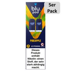 blu Liquid Pods Pineapple Ice. Blau-orange-grün gemusterte Packung mit weißer blu pod Aufschrift und 5er Pack Bottom.