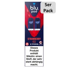 blu Liquid Pods Strawberry Ice. Blau-rot gemusterte Packung mit weißer blu pod Aufschrift und 5er Pack Bottom.