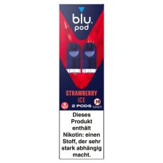 blu Liquid Pods Strawberry Ice. Blau-rot gemusterte Packung mit weißer blu pod Aufschrift und blauen Liquid Pods