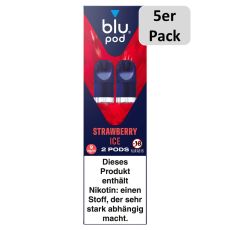 blu Liquid Pods Strawberry Ice. Blau-rot gemusterte Packung mit weißer blu pod Aufschrift und 5er Pack Bottom.