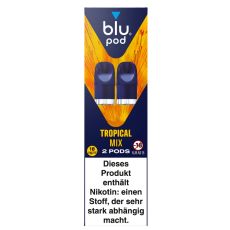 blu Liquid Pods Tropical Mix. Blau-orange gemusterte Packung mit weißer blu pod Aufschrift und blauen Liquid Pods