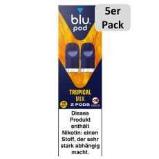 blu Liquid Pods Tropical Mix. Blau-orange gemusterte Packung mit weißer blu pod Aufschrift und 5er Pack Bottom.