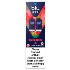 blu Liquid Pods Watermelon Ice. Blau-rot-grün gemusterte Packung mit weißer blu pod Aufschrift und blauen Liquid Pods