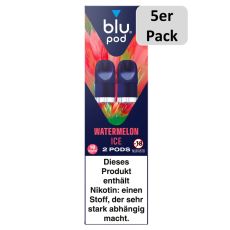 blu Liquid Pods Watermelon Ice. Blau-rot-grün gemusterte Packung mit weißer blu pod Aufschrift und 5er Pack Bottom.