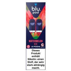 blu Liquid Pods Watermelon Ice. Blau-rot-grün gemusterte Packung mit weißer blu pod Aufschrift und blauen Liquid Pods