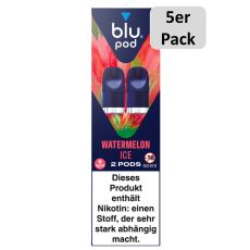 blu Liquid Pods Watermelon Ice. Blau-rot-grün gemusterte Packung mit weißer blu pod Aufschrift und 5er Pack Bottom.