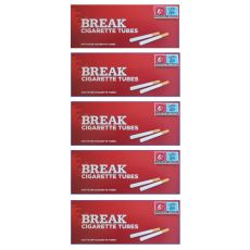 Gebinde Break Rot Filterhülsen. Fünf rote Packungen mit weißer Break Aufschrift und zwei Filterhülsen.