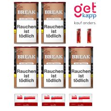 Sparset Break Tabak Authentic 65g Dose. Fünf hellbraune Dosen mit weißem Break Logo, Break Hülsen und Feuerzeuge.