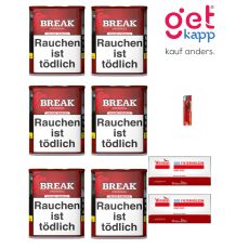 Sparset Break Tabak Original Rot Dose. Sechs rote Dosen mit weißem Break Logo, Hülsen und Feuerzeug.