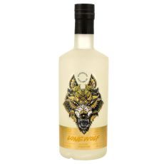 LoneWolf Cloudy Lemon Gin. Klare Flasche mit gelb-schwarz-mamoriertem Wolfskopf und gelben Etikett mit LoneWolf Aufschrift