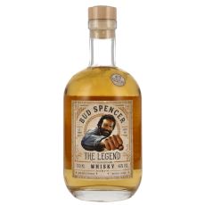 Bud Spencer The Legend Mild Whisky. Klare Flasche mit goldfarbendem Inhalt und weiß-goldendem Etikett mit schwarze Bud Spencer The Legend Aufschrift.
