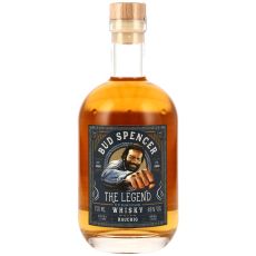 Bud Spencer The Legend Rauchig Whisky. Klare Flasche mit bernsteinfarbendem Inhalt und blau-goldendem Etikett mit weißer Bud Spencer The Legend Aufschrift.