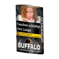 Pouch Buffalo Tabak Black. Schwarzes Päckchen mit weißer Buffalo Aufschrift, Sonne und schwarzem Büffel und Warnhinweis.