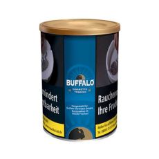 Dose Buffalo Tabak Blue. Blaue Dose mit goldenen Deckel und weißer Buffalo Aufschrift, Sonne und schwarzem Büffel.