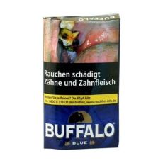 Pouch Buffalo Tabak Blue. Blaues Päckchen mit weißer Buffalo Aufschrift, Sonne und schwarzem Büffel und Warnhinweis.