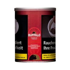 Dose Buffalo Tabak Red. Rote Dose mit grauem Deckel und weißer Buffalo Aufschrift, Sonne und schwarzem Büffel.
