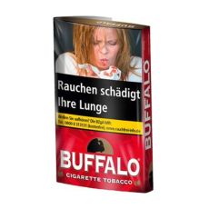 Pouch Buffalo Tabak Red. Rotes Päckchen mit weißer Buffalo Aufschrift, Sonne und schwarzem Büffel und Warnhinweis.