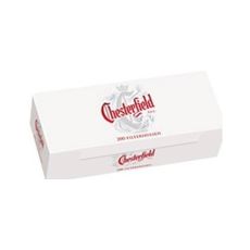 Packung Chesterfield Rot 200 Hülsen. Weiße Packung mit roter Chesterfield Aufschrift.