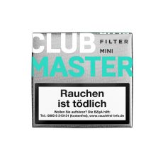 Packung Zigarillos Clubmaster Mini Filter Iceland No 224. Silberne Packung mit weißer Club und mintgrünem Master Aufschrift und Zigarillo.