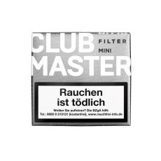 Packung Zigarillos Clubmaster Mini White Filter No 176. Silberne Packung mit weißer Club Master Aufschrift und Zigarillo.