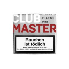 Packung Zigarillos Clubmaster Mini Red Filter. Silberne Packung mit weißer Club und roter Master Aufschrift.