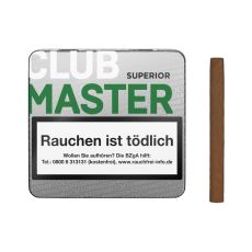 Dose Clubmaster Zigarillos Superior Brazil No 144. Silberne Dose mit weißer Club und grüner Master Aufschrift und Zigarillo.